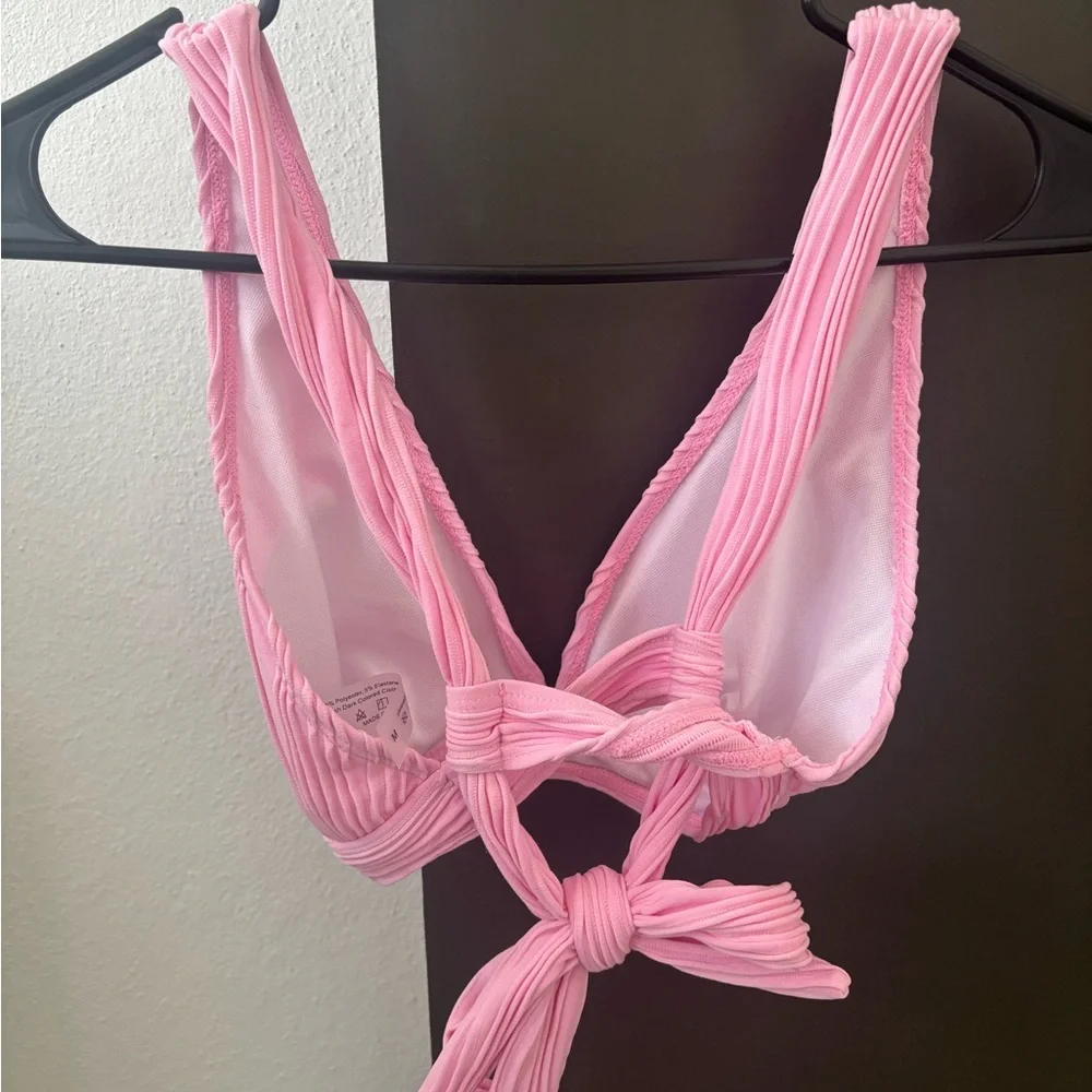 Pink Ribbed Tie-Front Bikini Top - Pastel Pink - Size M